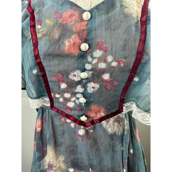 Vintage Candi Jones California Floral Prairie Maxi Dress Cottagecore Blue XS - Picture 3 of 10